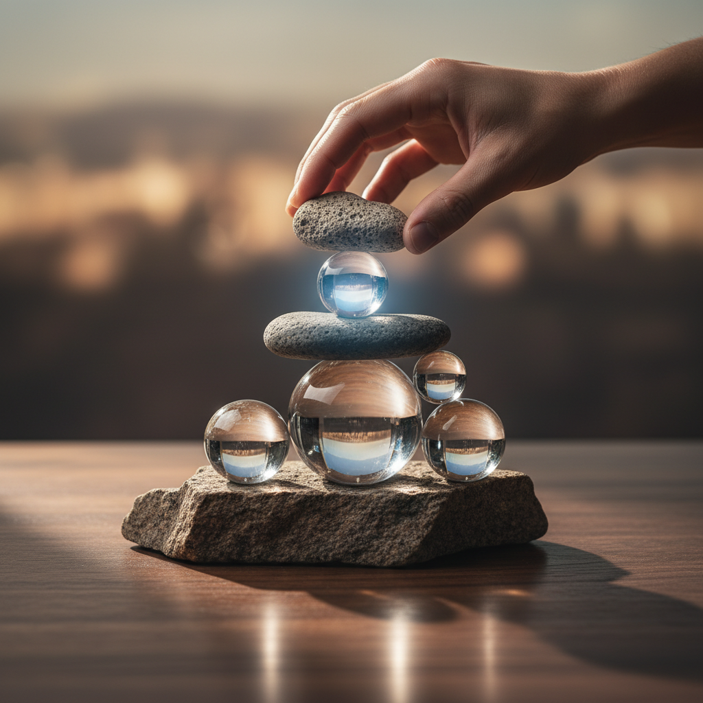 Stacked stones and glass spheres symbolizing honesty and growth in a job interview context