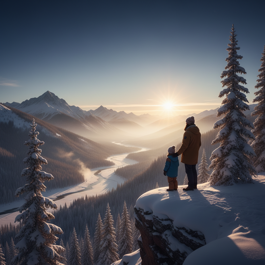 A father and child stand side by side, overlooking a breathtaking dawn-lit mountain valley—symbolizing the lasting, inspiring presence of a father's encouragement.