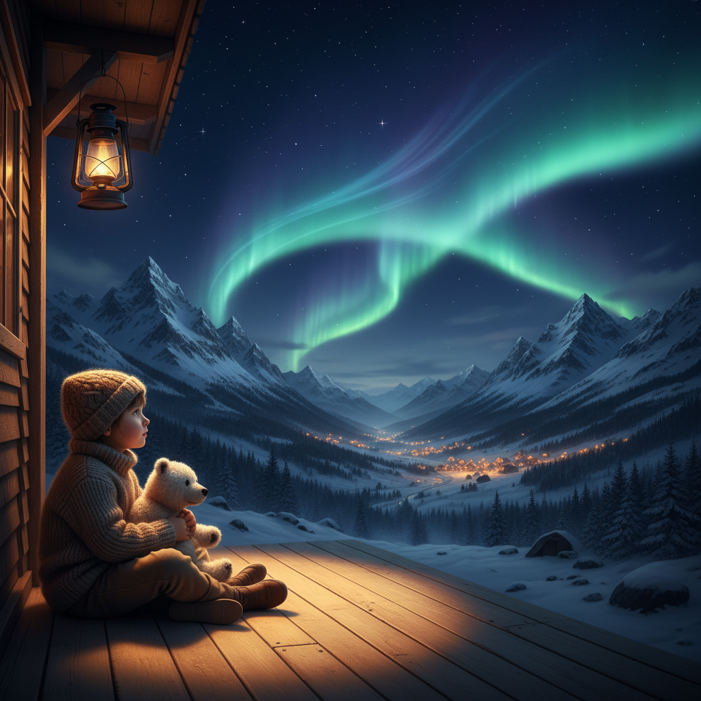 Child sitting on porch under stars, plush toy in arms, aurora connecting distant homes—symbolizing gifts that bridge the distance.