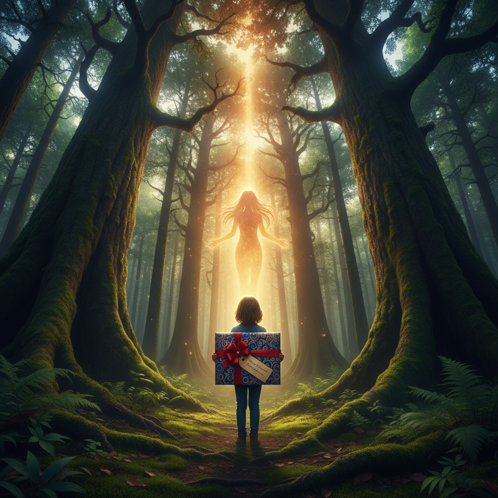 A child in a sunlit forest holding a personalized gift, illuminated by the gentle spirit of a mother—symbolizing the deep roots and enduring impact of a mother’s love.