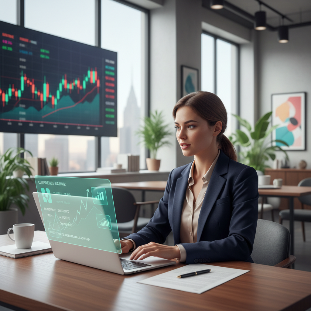 Young accountant practicing mock interview on a laptop with AI feedback overlay in a modern office
