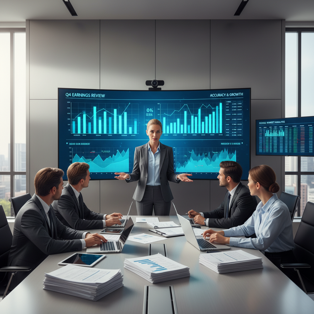 Accounting manager leading a financial reporting review with the team, digital charts in modern office