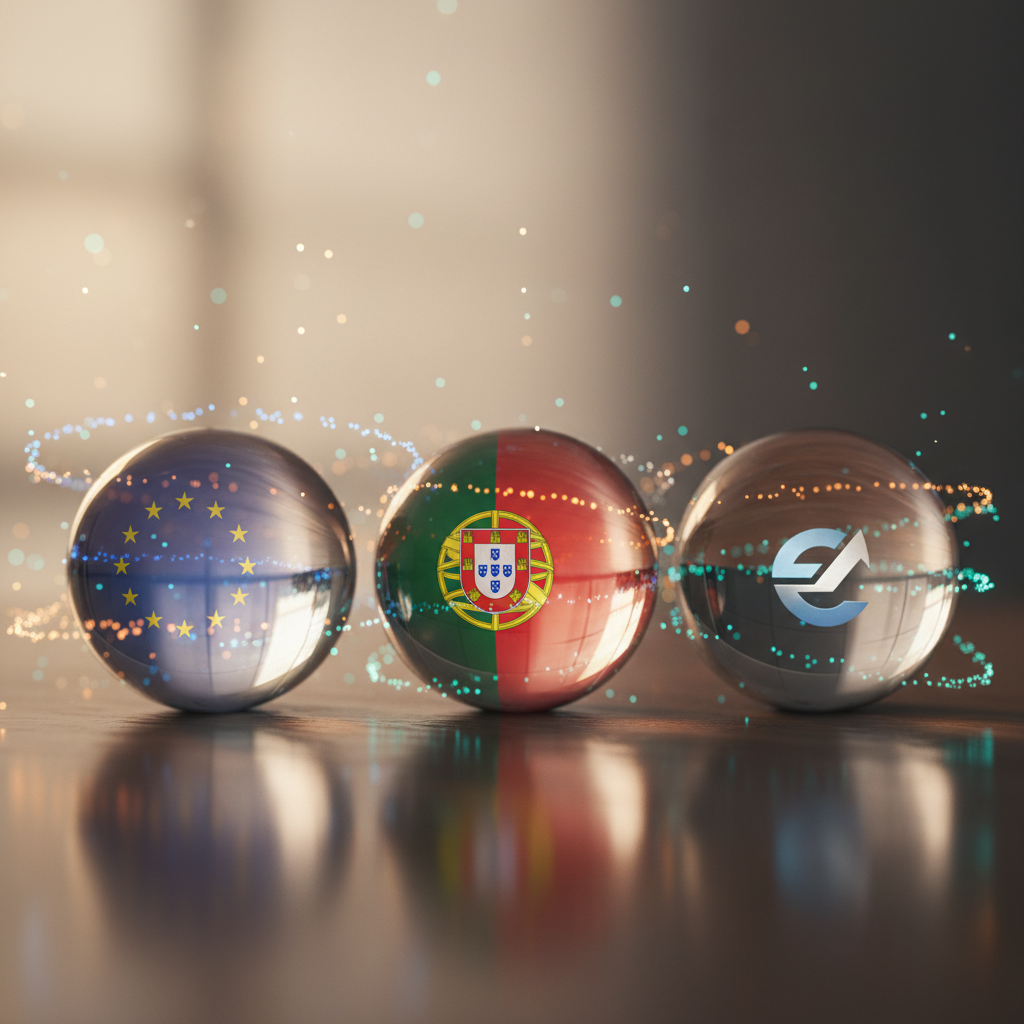 A metaphorical photo of glass spheres with EU and country flag motifs, symbolizing cultural navigation in European interviews.