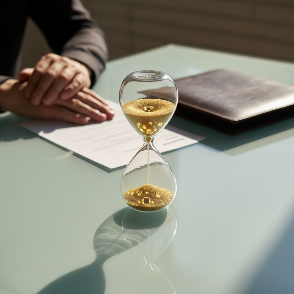 Hourglass on a glass desk symbolizing time, preparation, and readiness for Gulf interviews