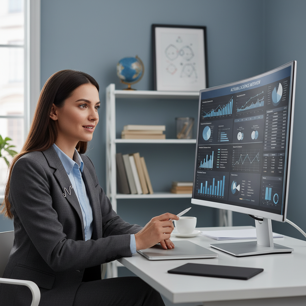 Confident actuarial candidate in a virtual interview setting, analyzing financial data on digital screens