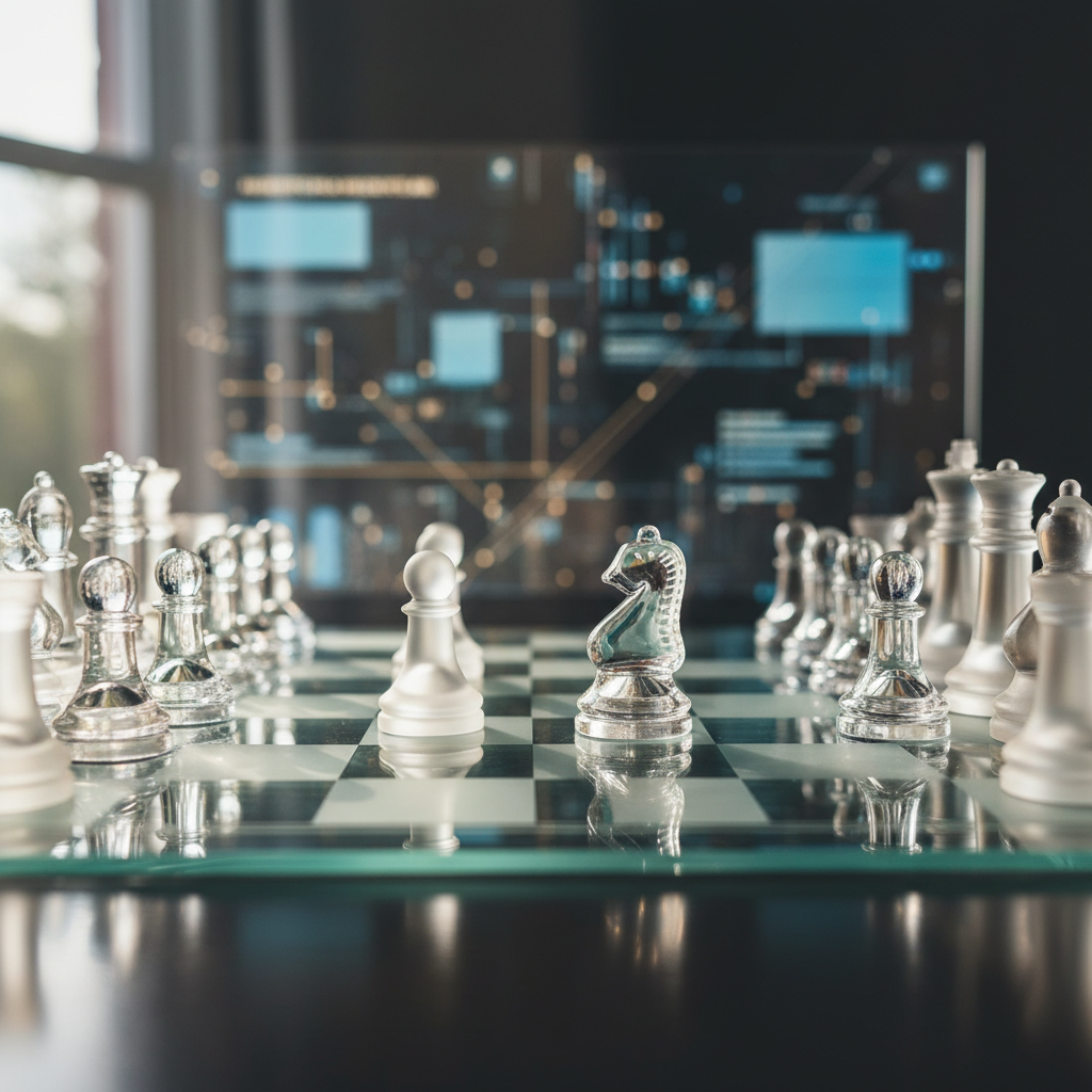 Glass chessboard with holographic AI overlay—adaptability as evolving strategy