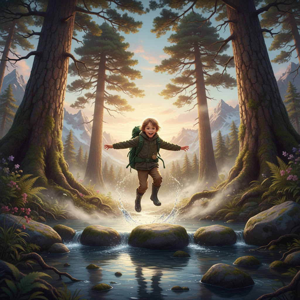 A child jumping over a stream in a magical forest, golden sunlight, sense of adventure and wonder