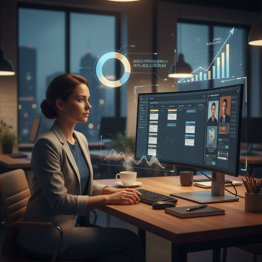 Job seeker reviews Agile boards and interview practice interfaces with analytical overlays in a modern workspace