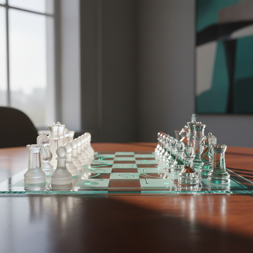 A glass chessboard with human and AI pieces, symbolizing strategic adaptation in the AI job market