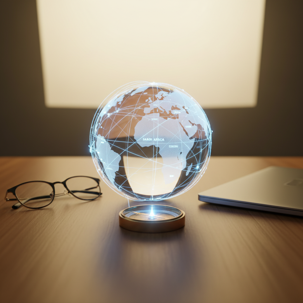 Glass globe with AI lines and top countries highlighted on wood table