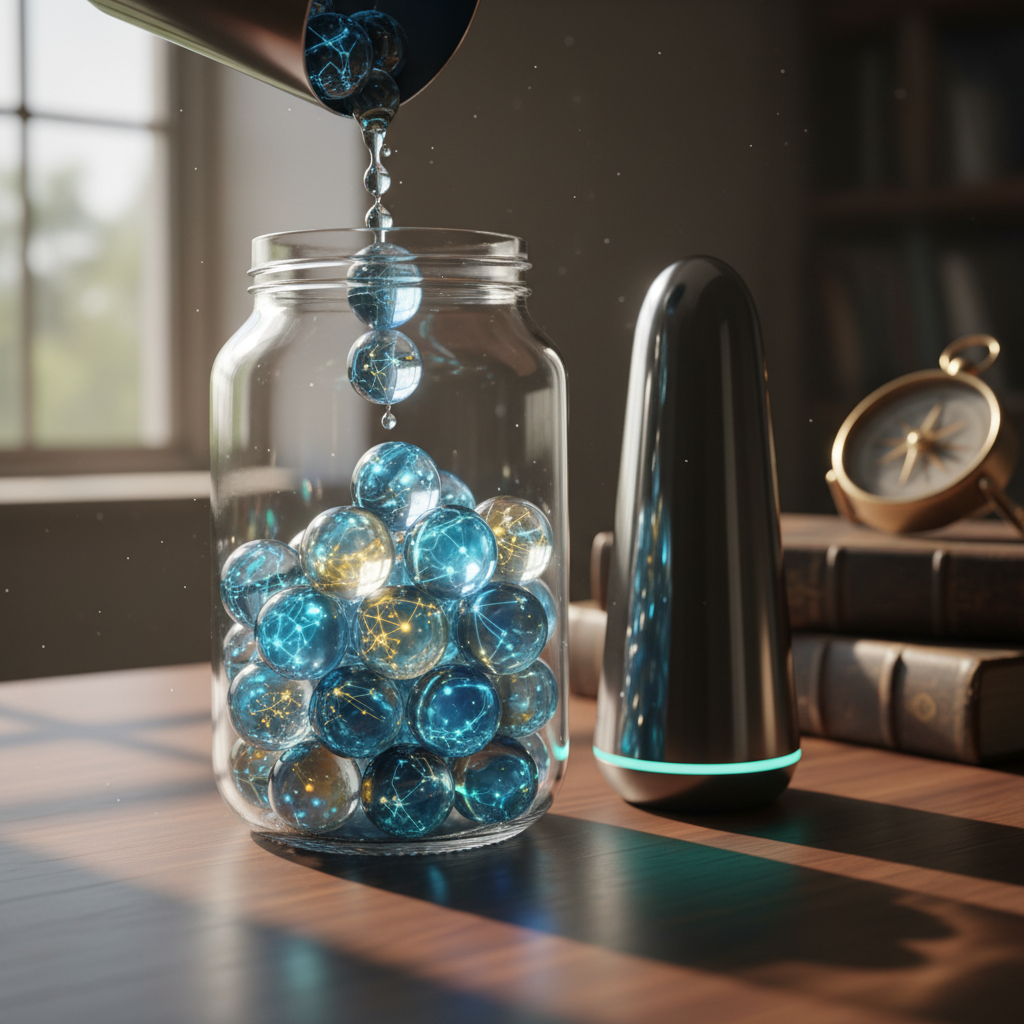 Metaphorical image of confidence growing through AI feedback, illustrated as a jar being filled with luminous marbles.