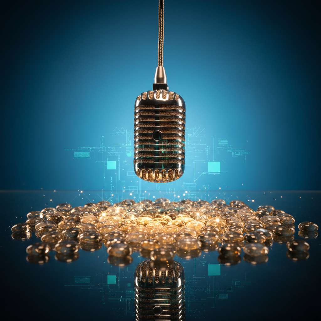 Vintage microphone surrounded by AI data visualizations, representing voice evaluation