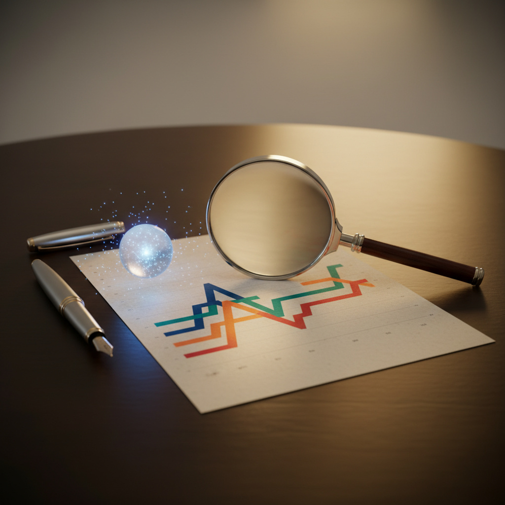 Metaphorical scene of a magnifier and AI data orb examining an AI interview report