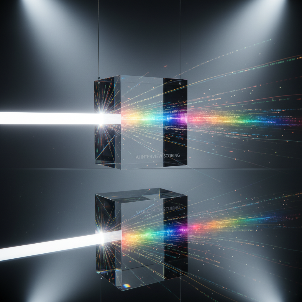 Prism with colored light beams and code overlays symbolizing transparent AI interview scoring