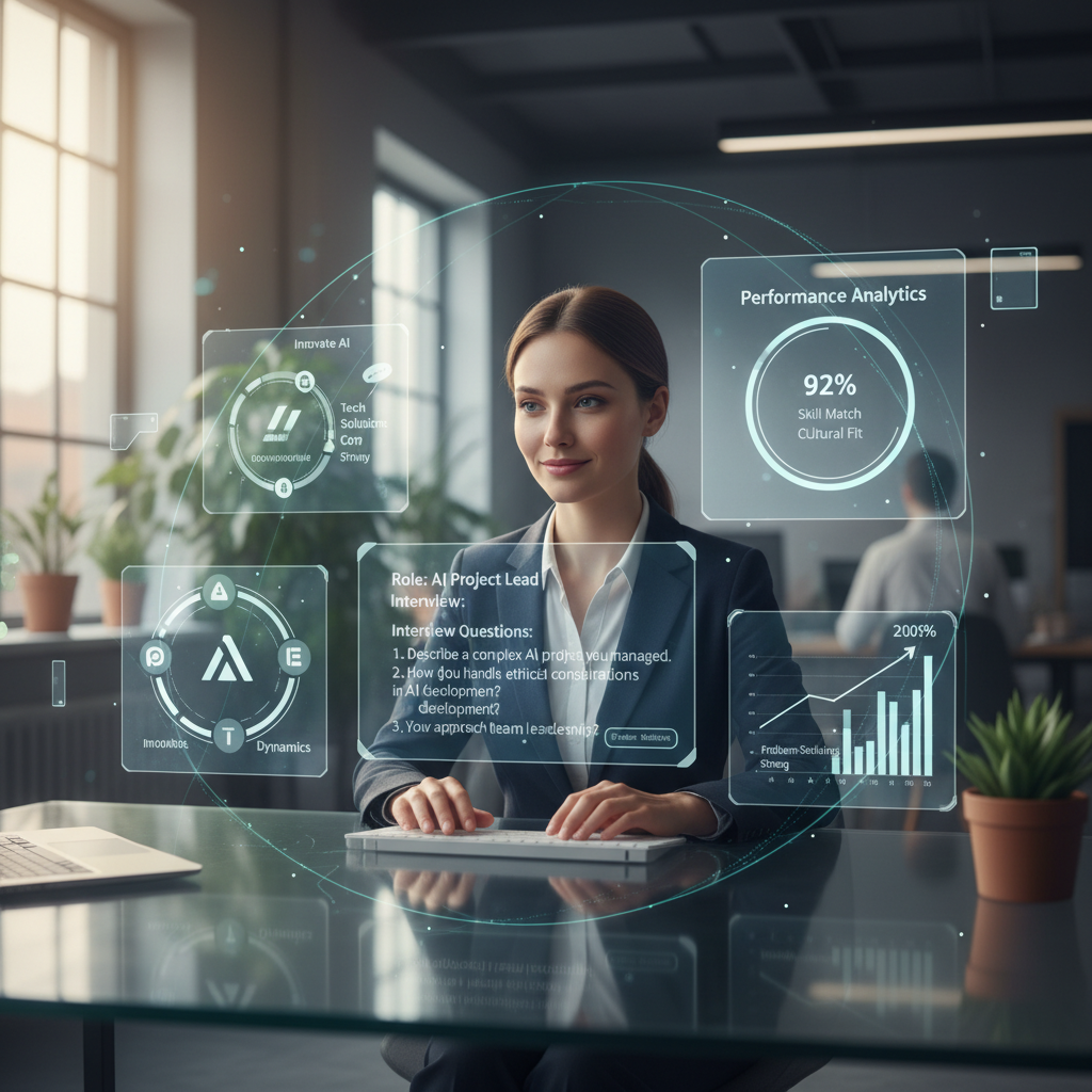 Job seeker using custom AI interview generator interface, surrounded by role-specific questions and performance analytics