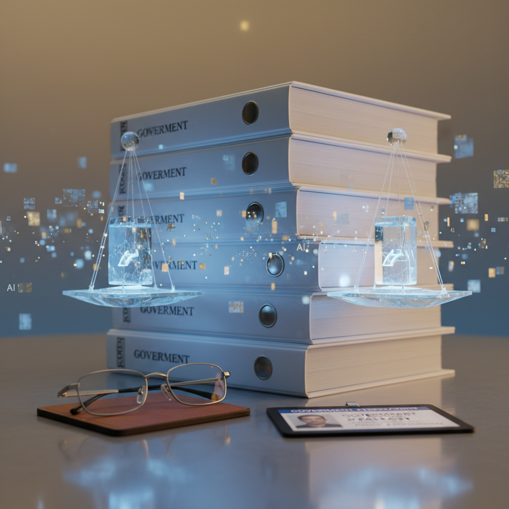 Metaphorical image of balanced data blocks, government binders, and a badge representing AI policy analysis in government