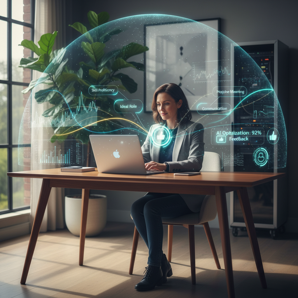 Confident job seeker practicing AI-powered mock interviews at home office with holographic analytical feedback