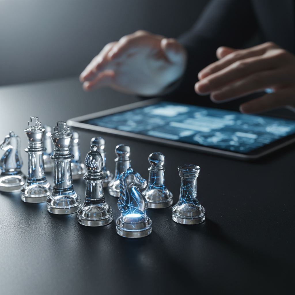 Strategic chess pieces illuminated by AI glow on a digital table, symbolizing decision making in AI product management