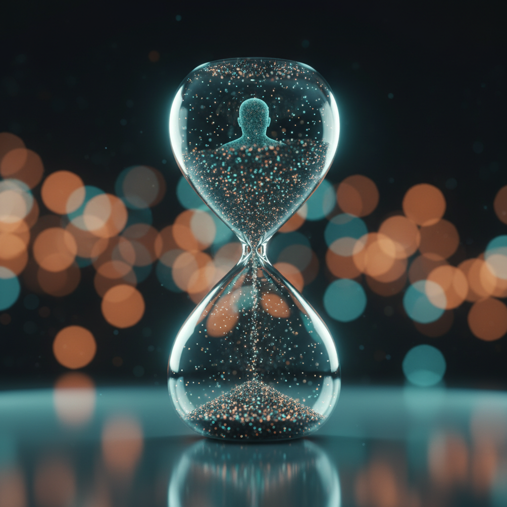Hourglass with data particles symbolizing progress tracking with AI analytics for interviews