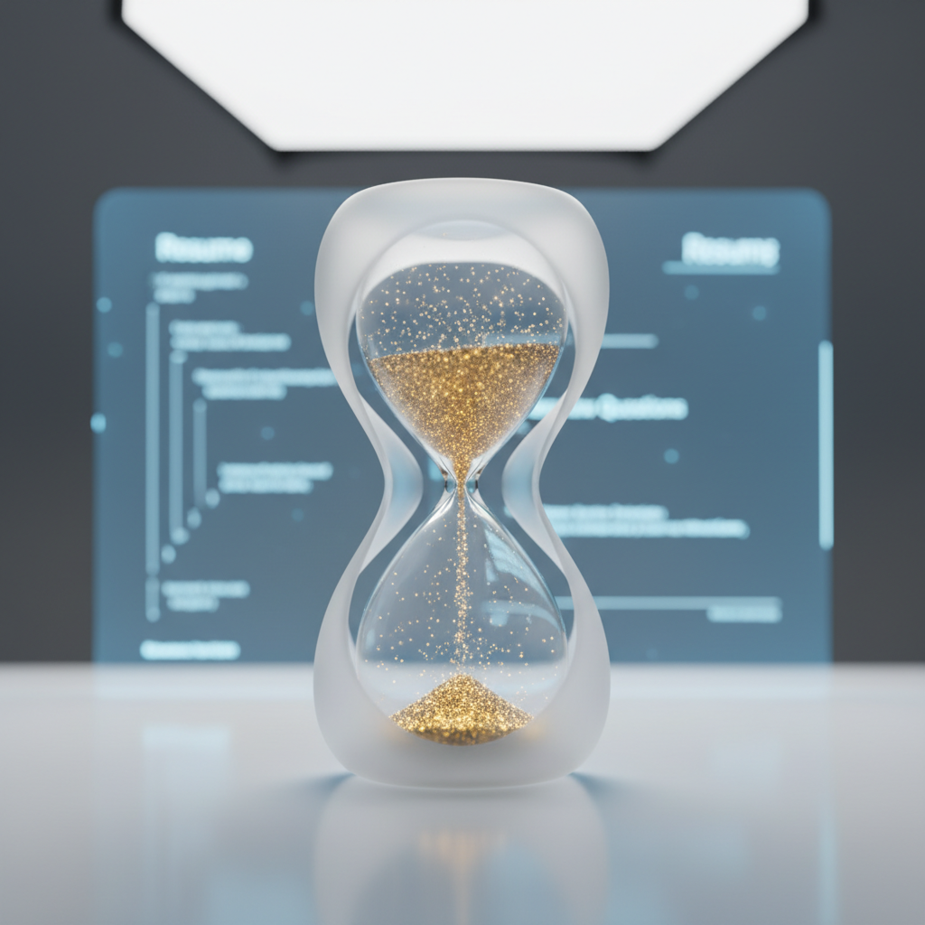 An hourglass with golden data particles and AI hologram resume, symbolizing growth through AI interview practice