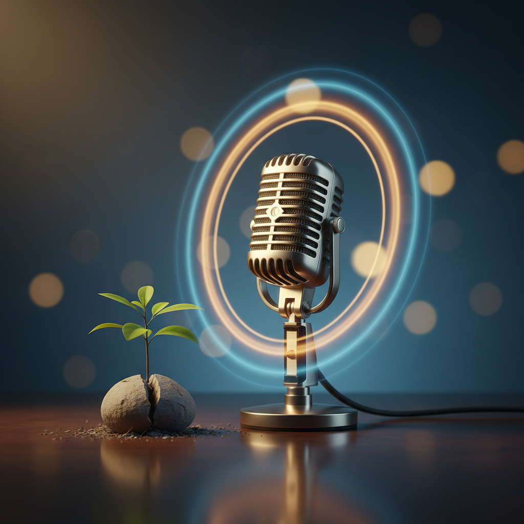 Microphone and glowing rings symbolizing growth in interview confidence via voice analysis AI