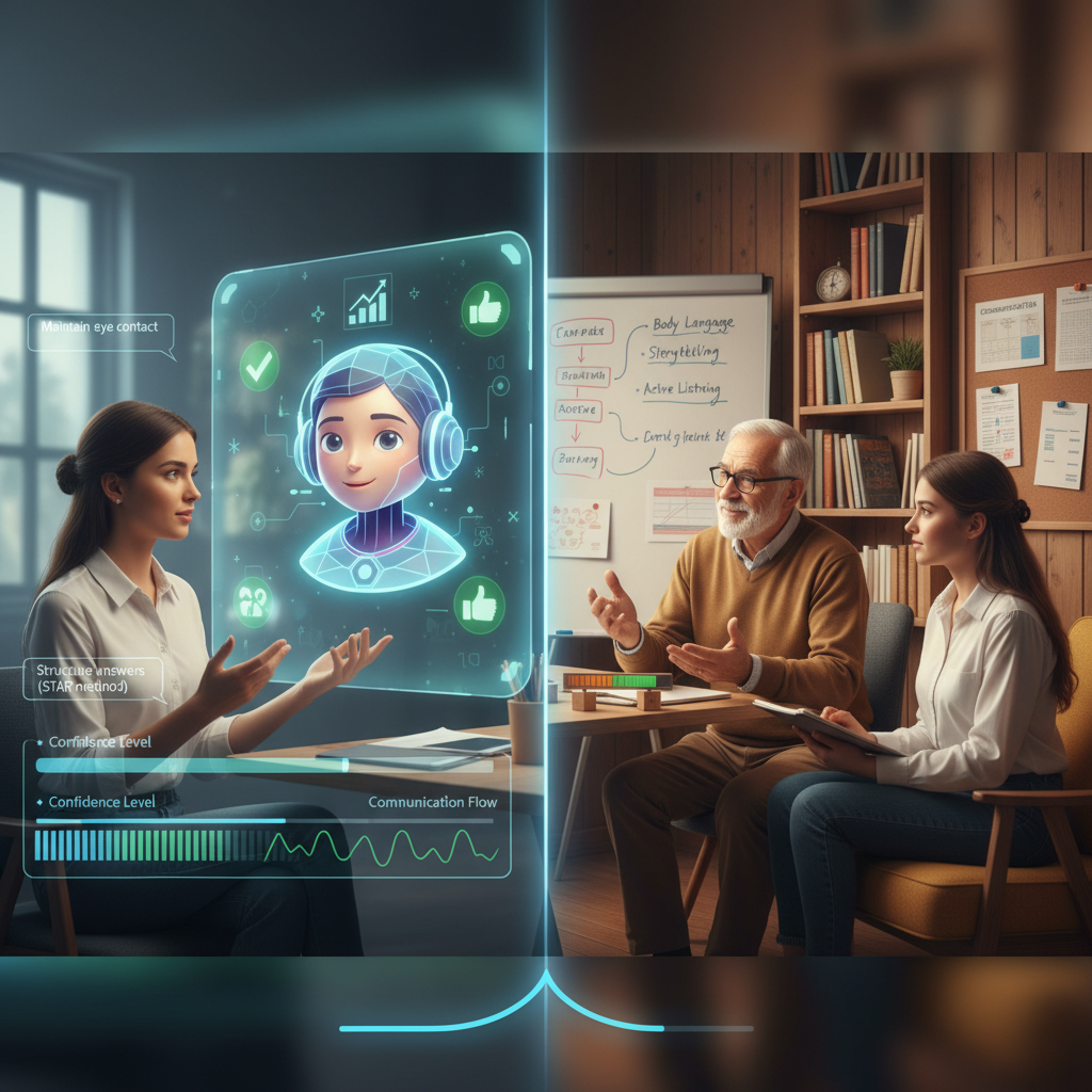 Visual comparison: job seeker practicing with AI-powered virtual interviewer versus classic human coach