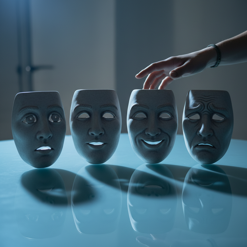 A studio scene showing expressive masks under blue AI light, symbolizing expression scoring in interviews