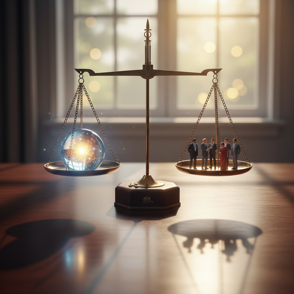 Metaphorical balance scale with luminous AI orb and diverse human figurines, symbolizing harmony and ethical dilemmas in AI hiring bias.