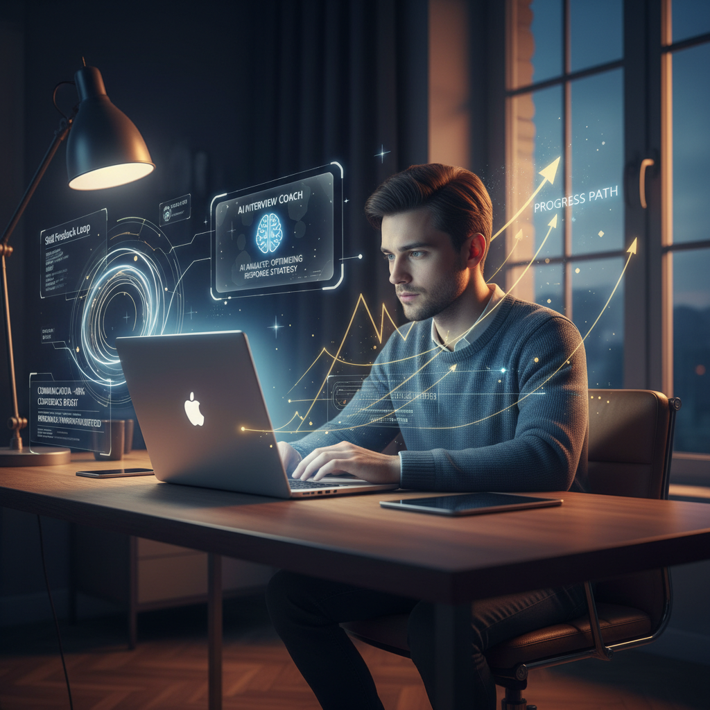 Job seeker practicing interview with AI-powered interface and data overlays