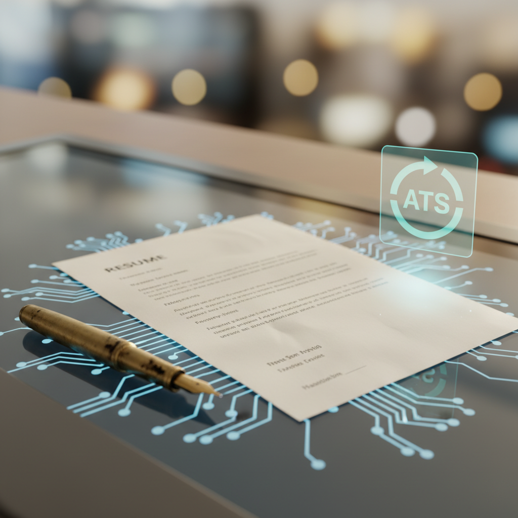 A hyper-realistic still life blending a crisp resume, AI circuit lighting, pen, and glowing ATS icon, symbolizing advanced resume optimization