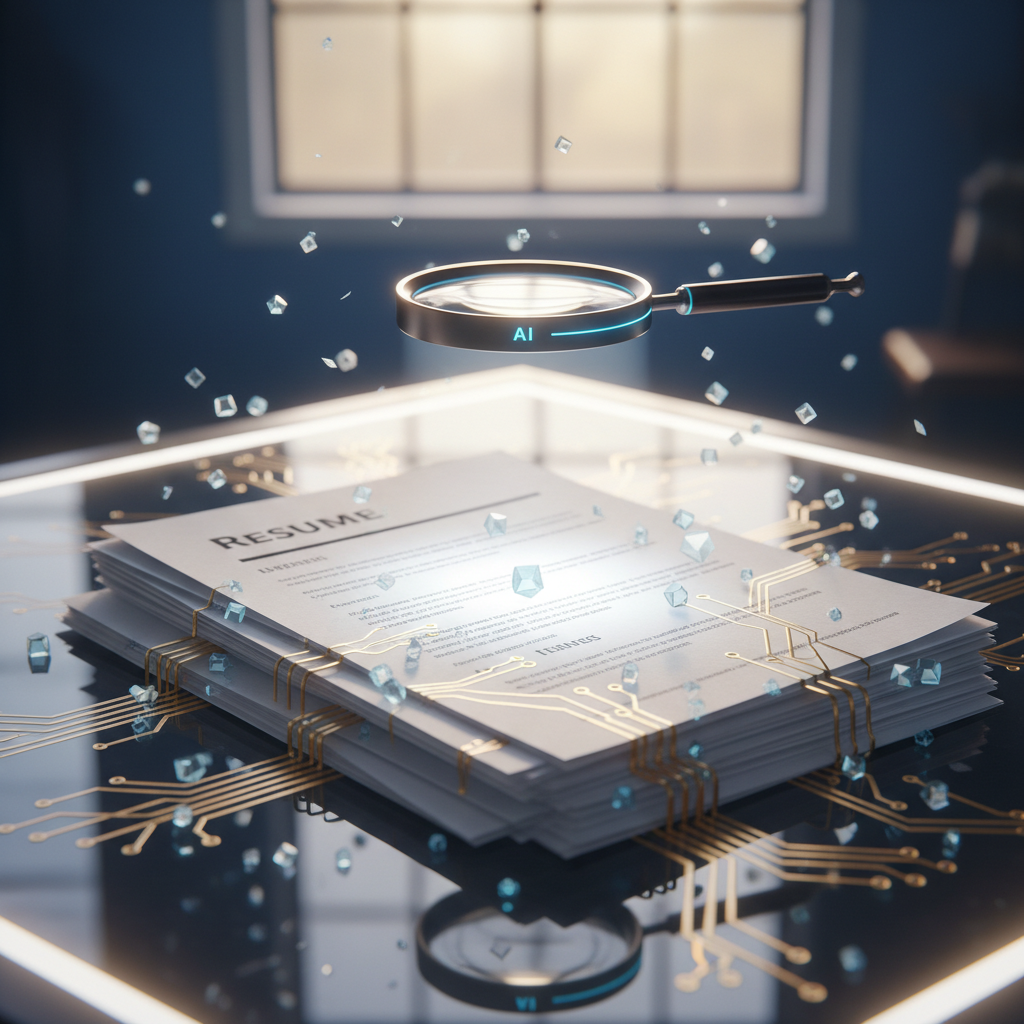 AI precision resume screening with magnifying lens and resumes