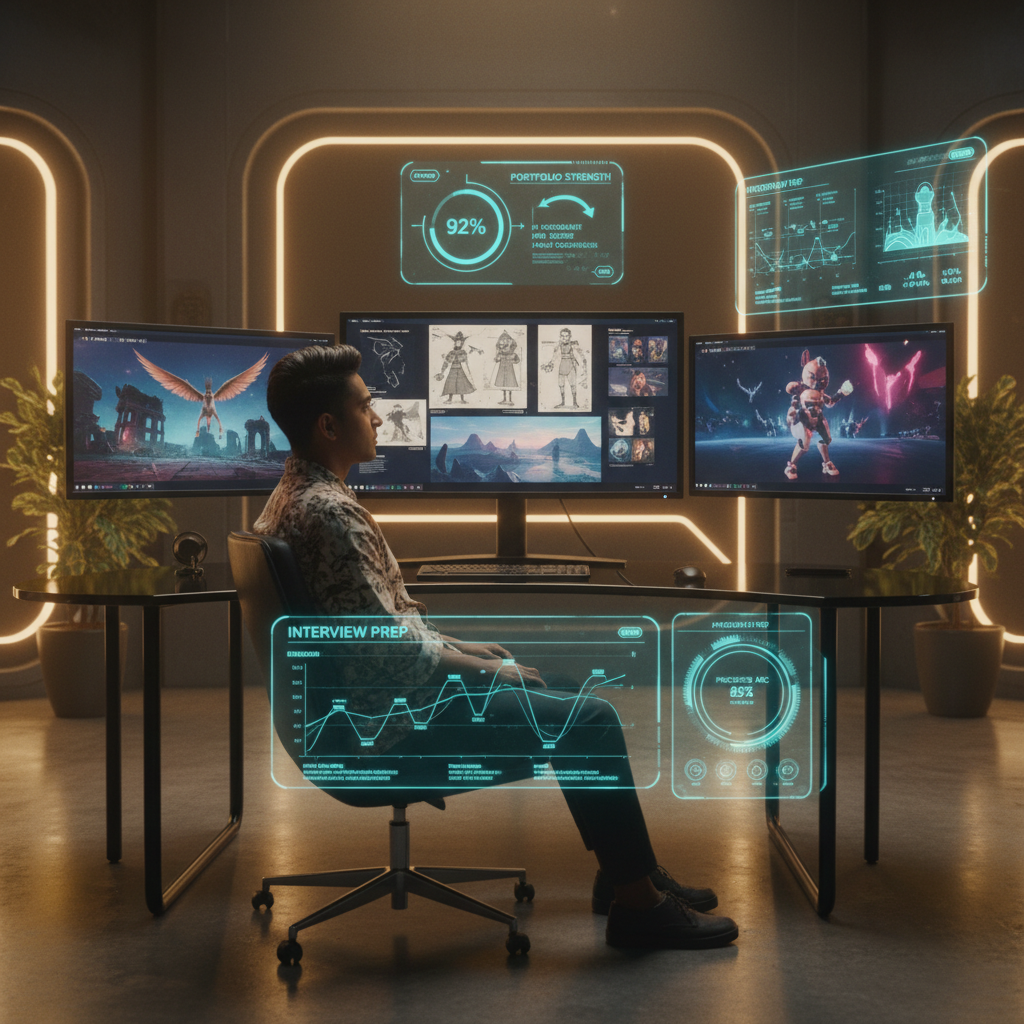 Animator preparing for interview in modern studio with AI feedback and glowing portfolio monitors