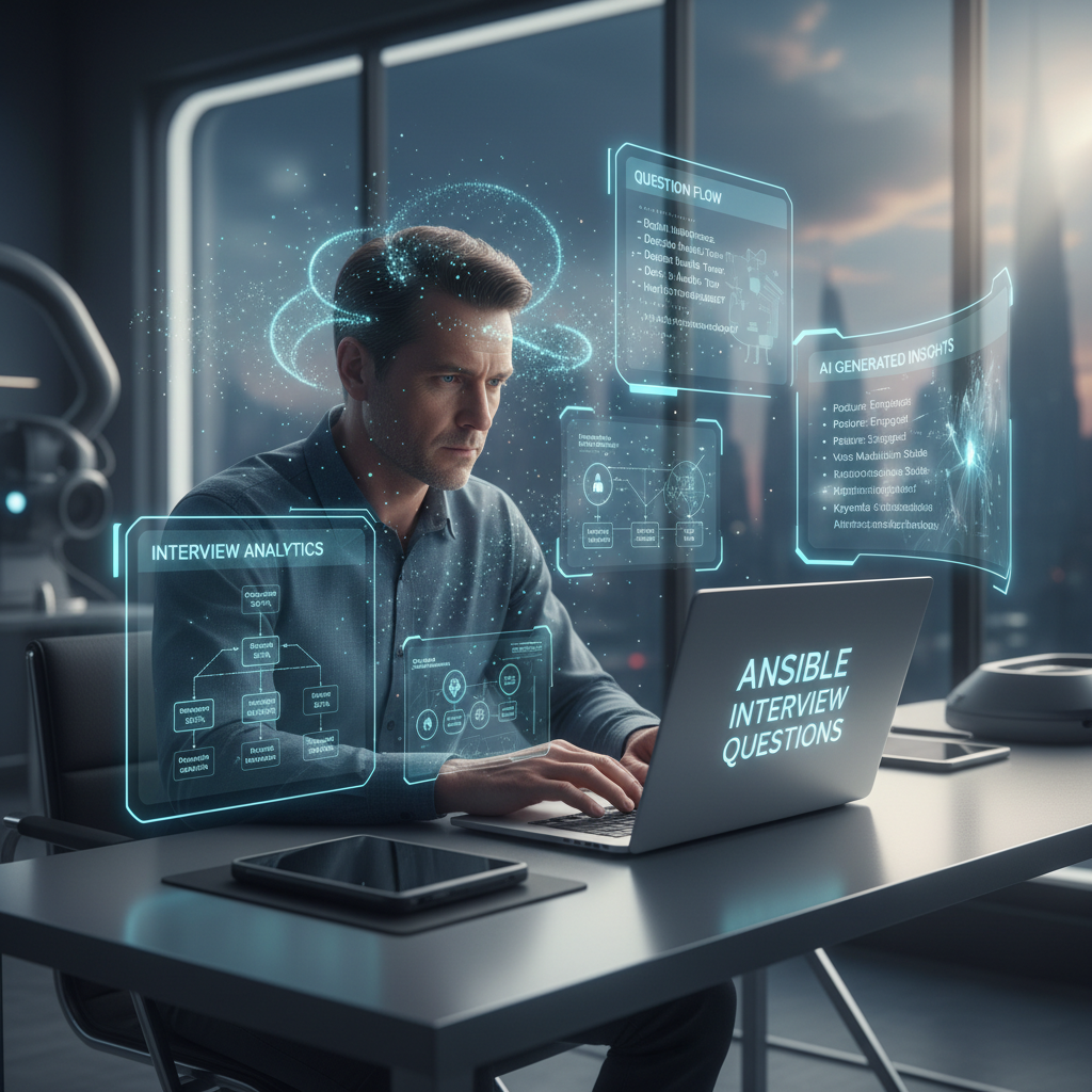 Job seeker practicing Ansible interview questions with AI analytics in a modern workspace