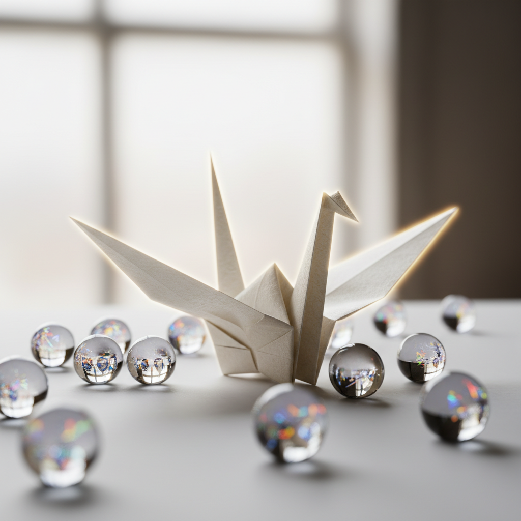 Origami paper crane surrounded by glass marbles, symbolizing creativity and simplicity in Apple interviews