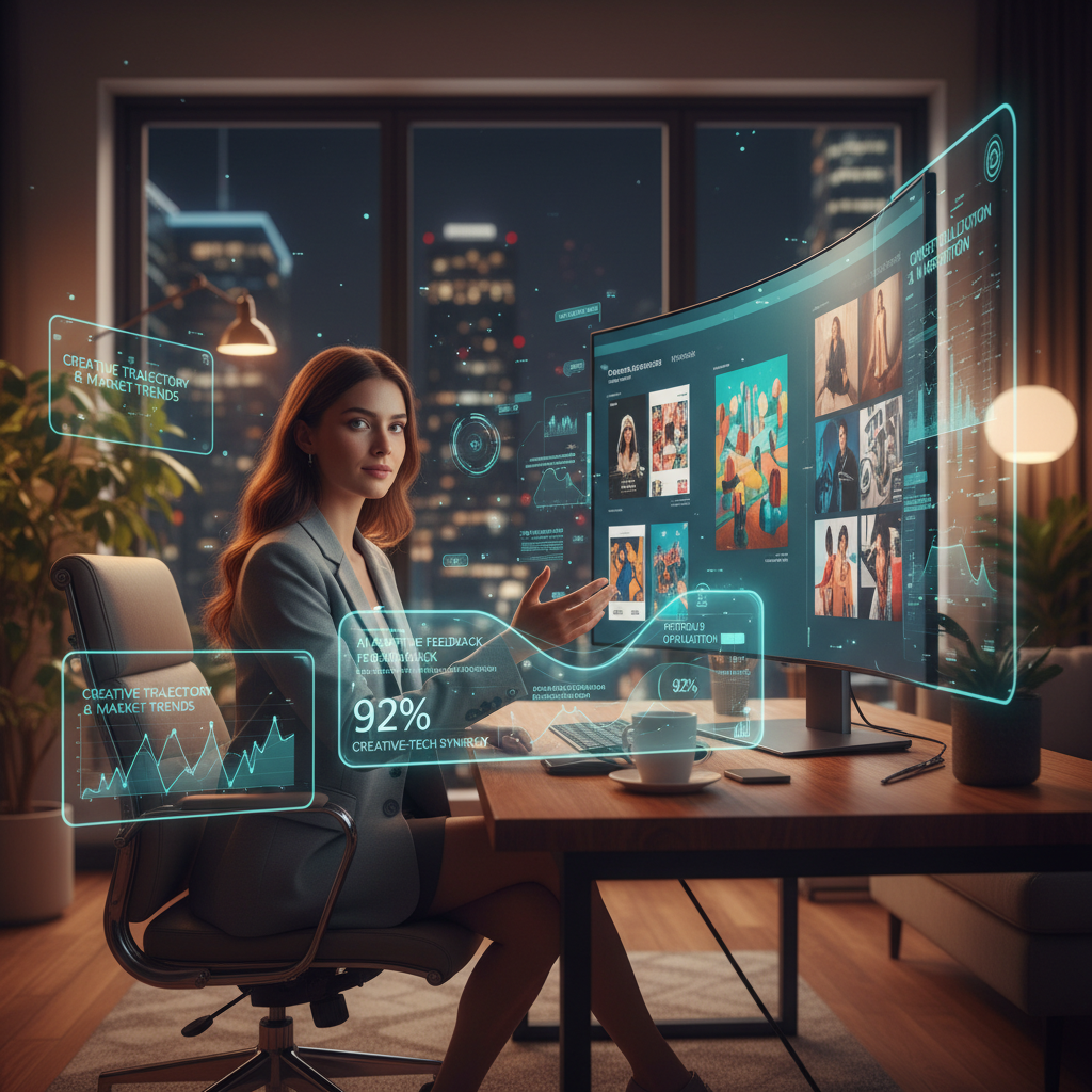 Modern workspace with aspiring art director reviewing digital portfolio and AI-driven feedback overlays, symbolizing creative interview preparation.