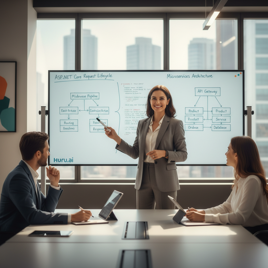 Confident developer answering ASP.NET interview questions in a modern tech office with diagrams on whiteboard