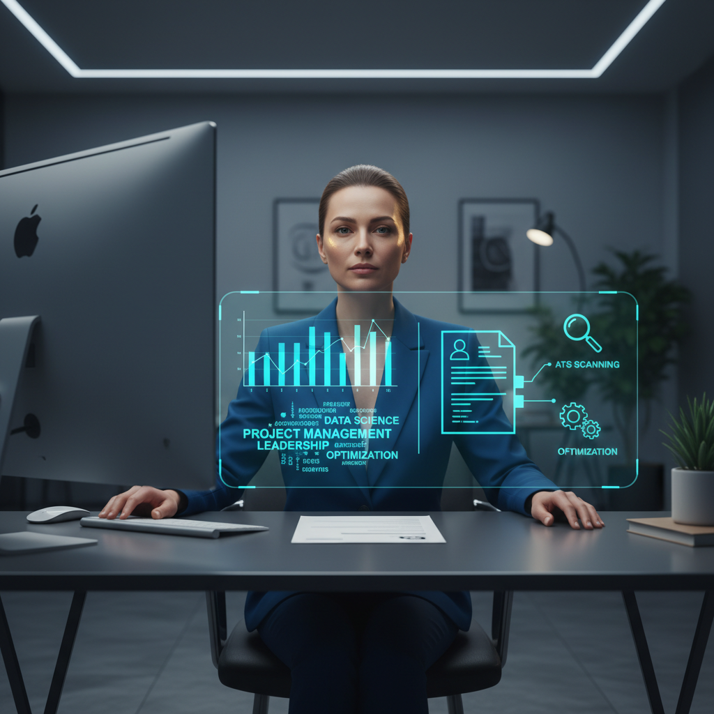 A modern workspace with a job seeker optimizing a resume with digital ATS analytics overlays