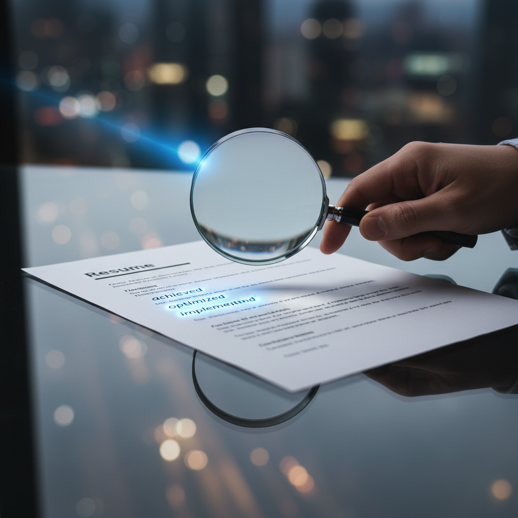 Magnifying glass over a resume with key ATS words highlighted by blue AI light