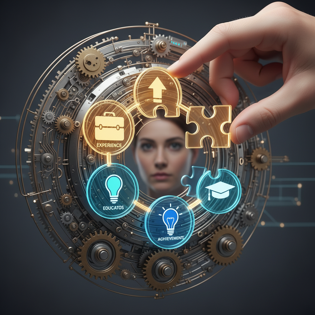 Eine Hand setzt präzise ein Puzzle-Stück aus Lebenslauf-Elementen ein, symbolisiert die ATS-Optimierung