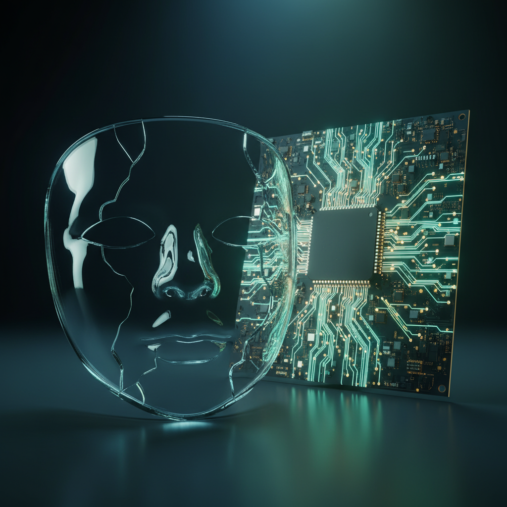 Eine Glasmaske neben einer leuchtenden KI-Platine repräsentiert Authentizität im KI Interview