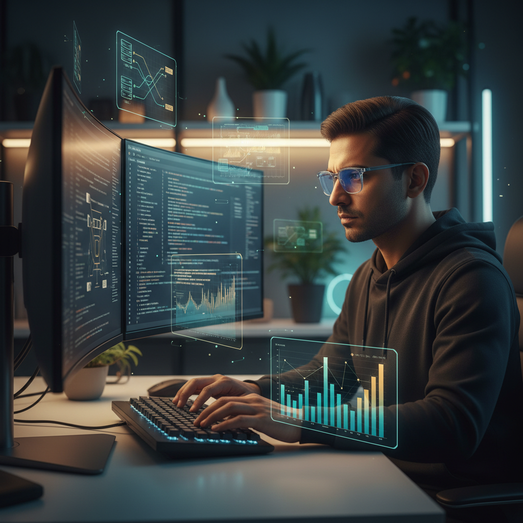 Confident backend developer in a modern workspace, surrounded by holographic dataflows and server architecture diagrams, symbolizing technical mastery and preparation
