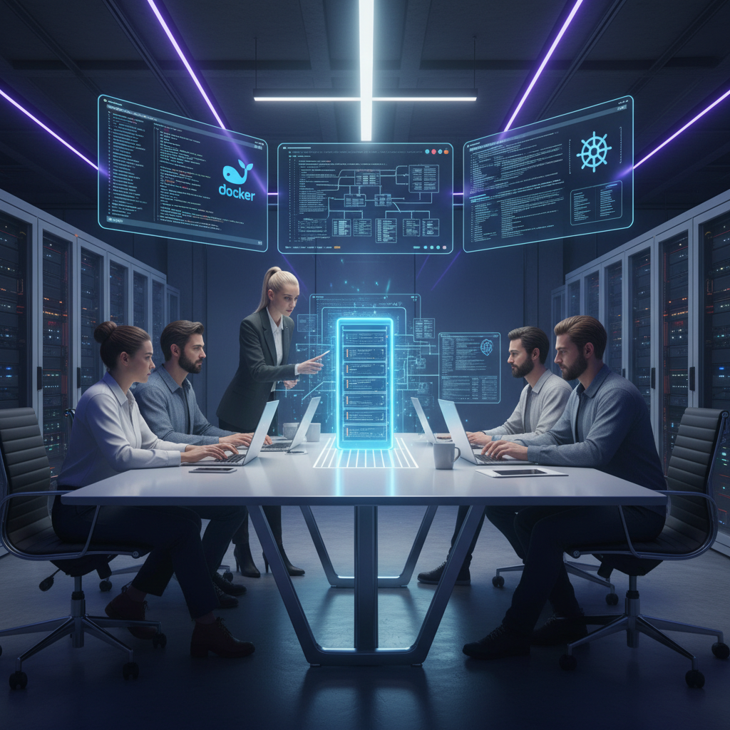 Backend developers collaborating in a high-tech office with cloud tools and code screens