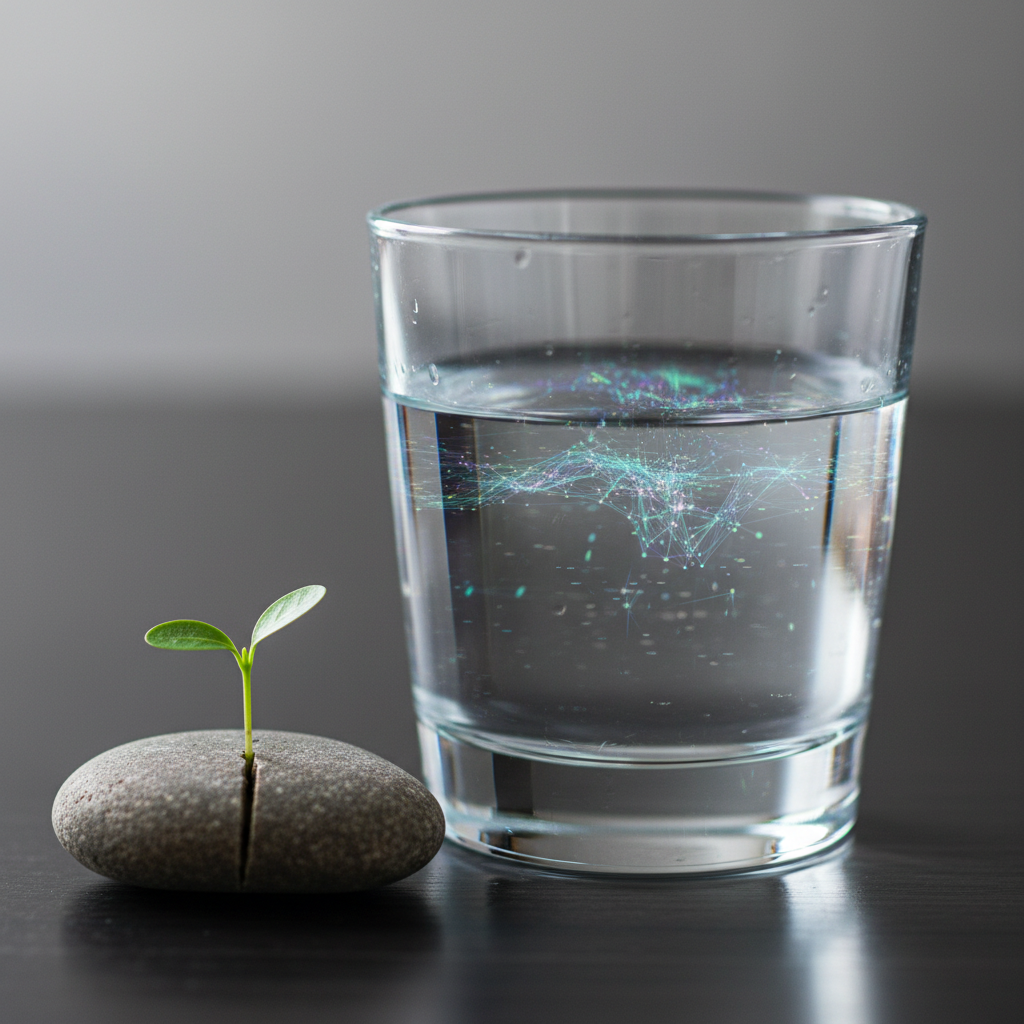 A glass half-filled with water and a sprout emerging, symbolizing interview recovery and growth