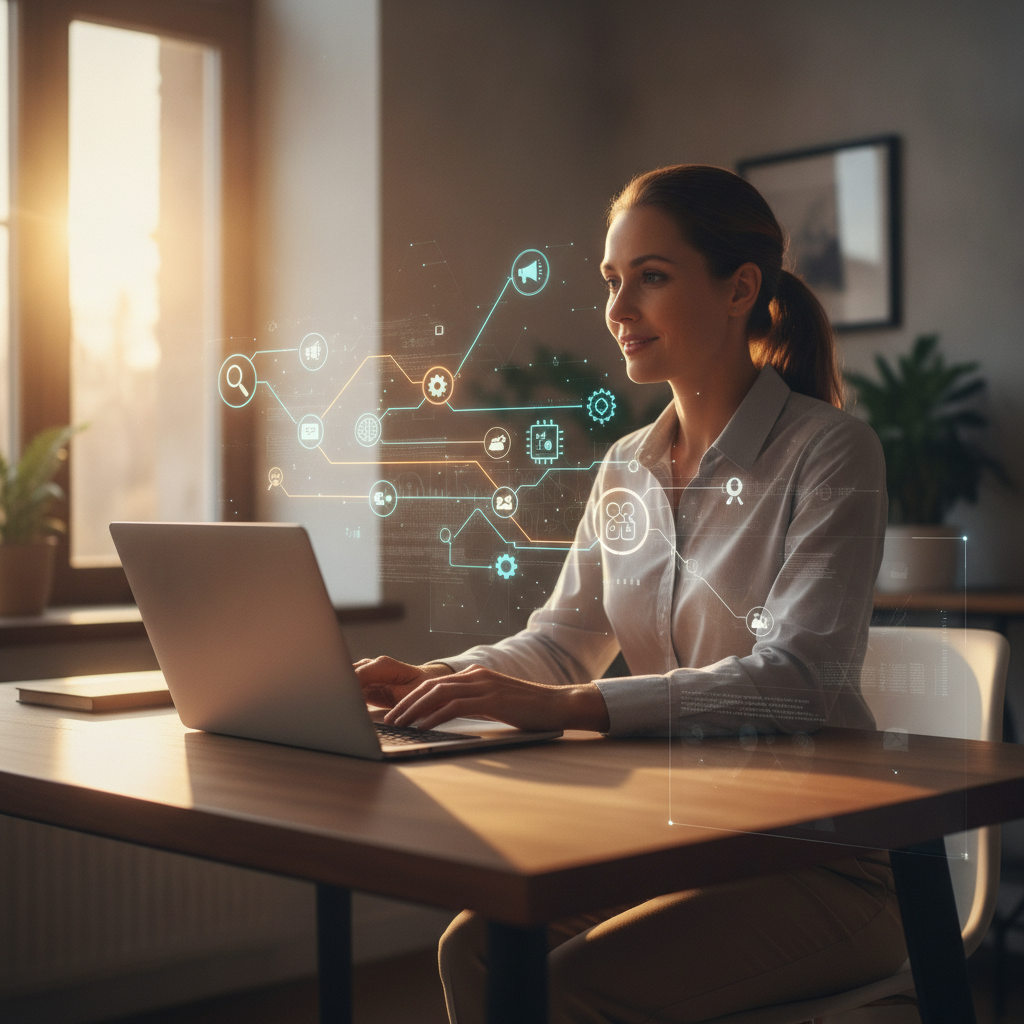 Professioneller am Laptop mit digitaler Roadmap: Berufliche Entwicklung logisch erklären