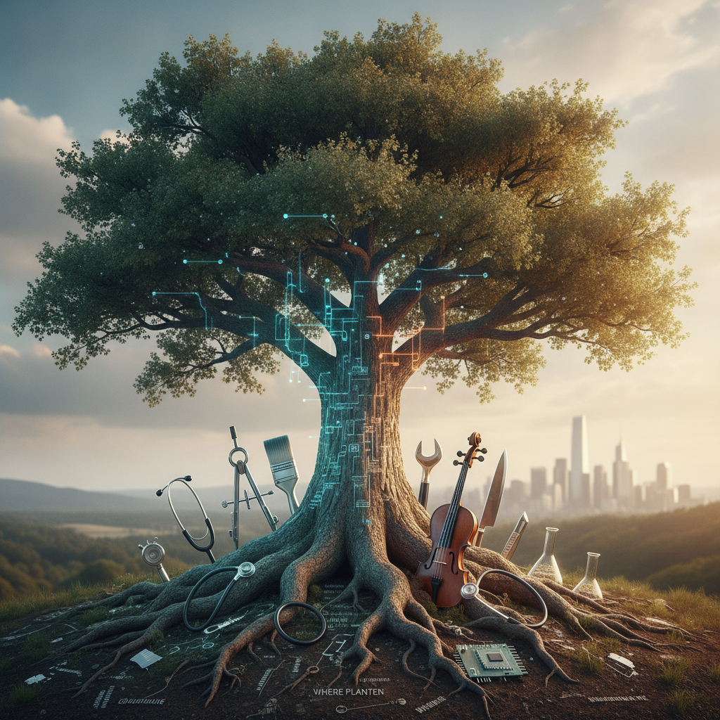 Metapher für interne Weiterentwicklung: Baum mit leuchtenden Wurzeln und Werkzeugen