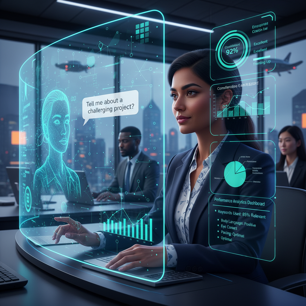 Job seeker practicing interview with AI-powered tools and feedback dashboard on screen
