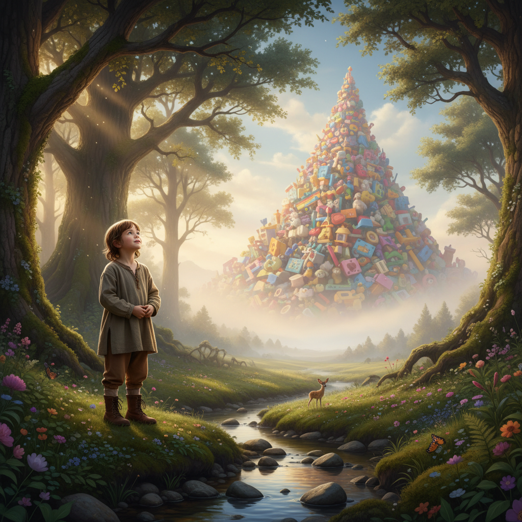 A child stands at the edge of a vibrant forest, gazing thoughtfully at a distant mountain of toys, symbolizing a move from clutter to meaningful experiences.
