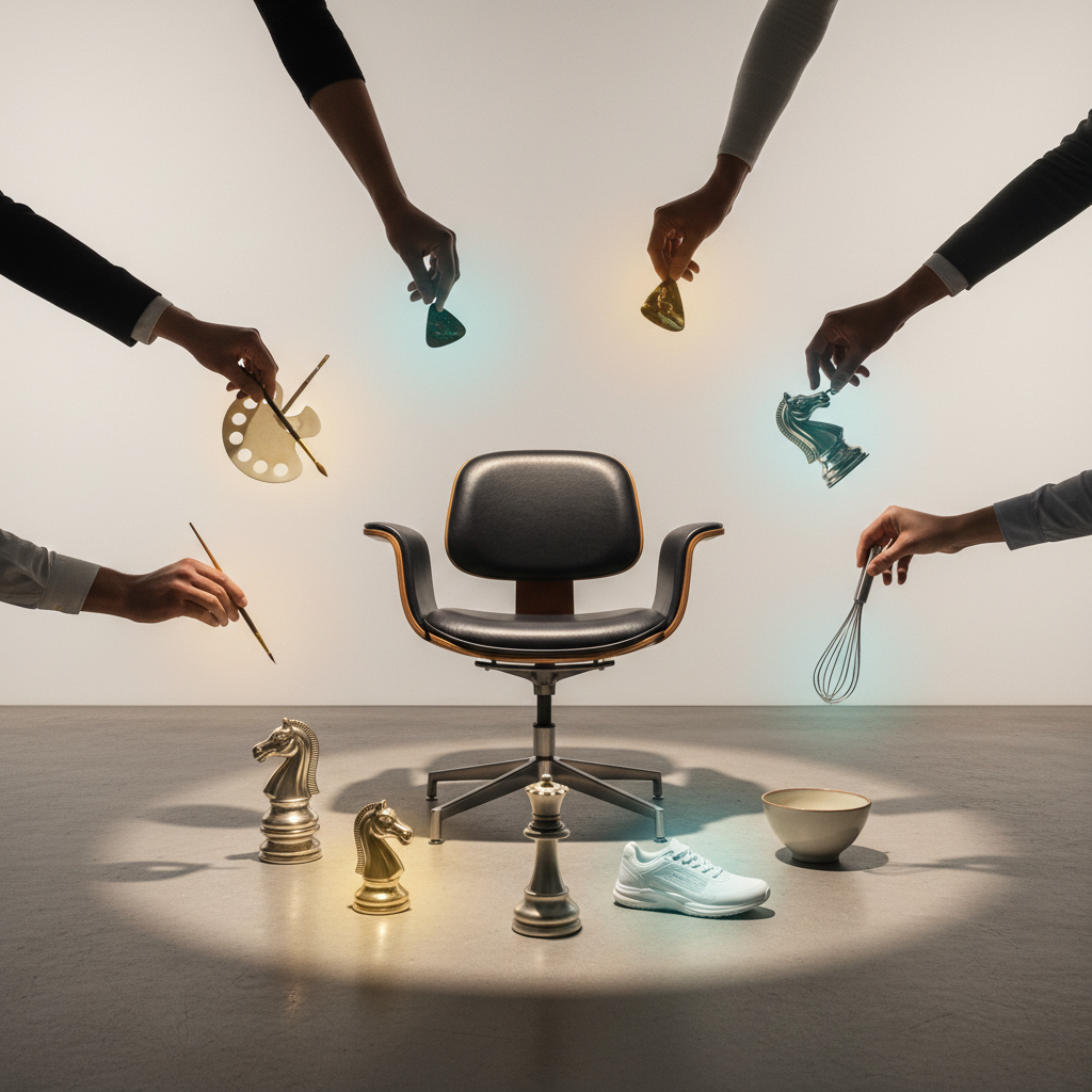 A collection of diverse hands arranging hobby objects around an interview chair, symbolizing the power of sharing hobbies in interviews