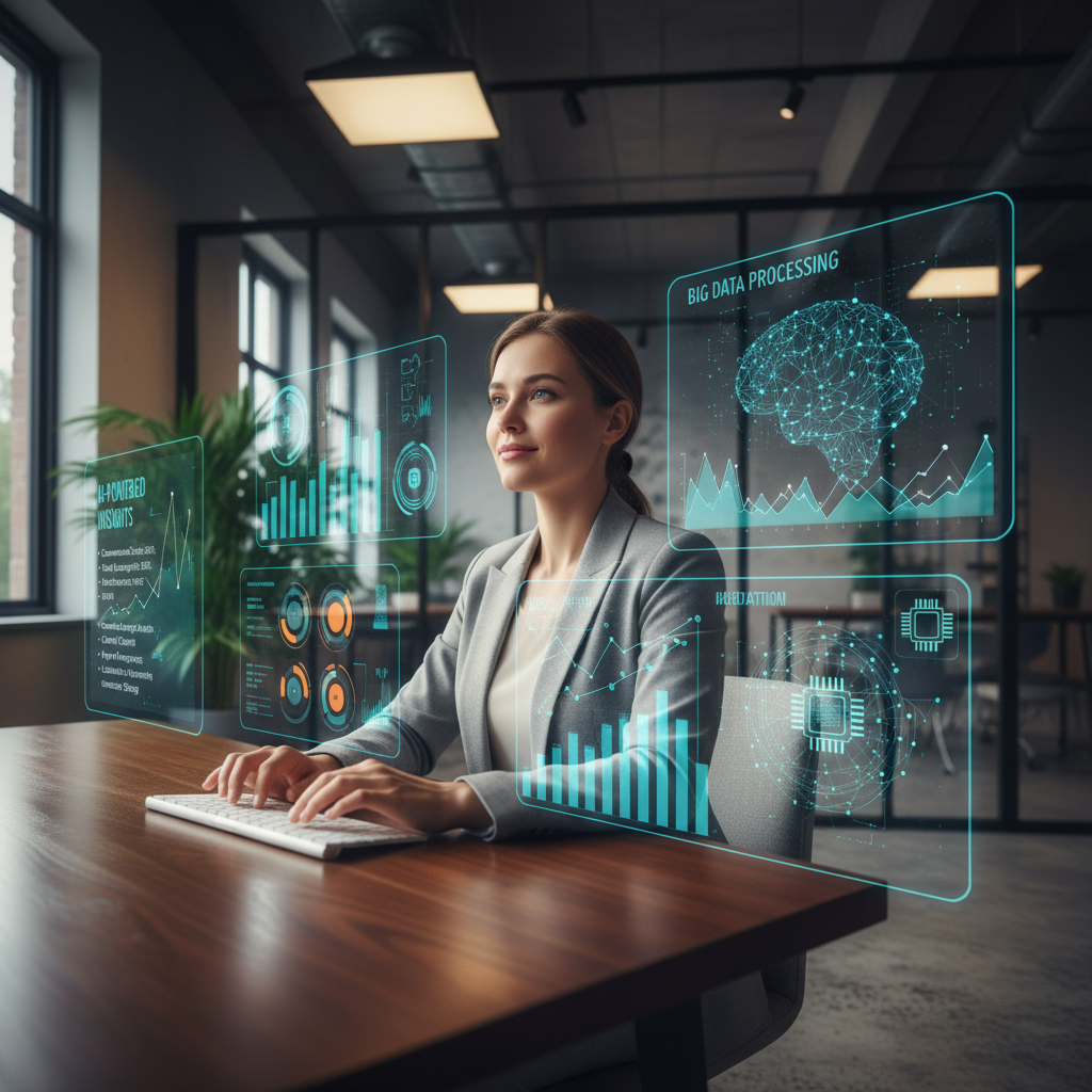 Job seeker practicing big data interview questions with data visualizations and AI feedback in a modern office