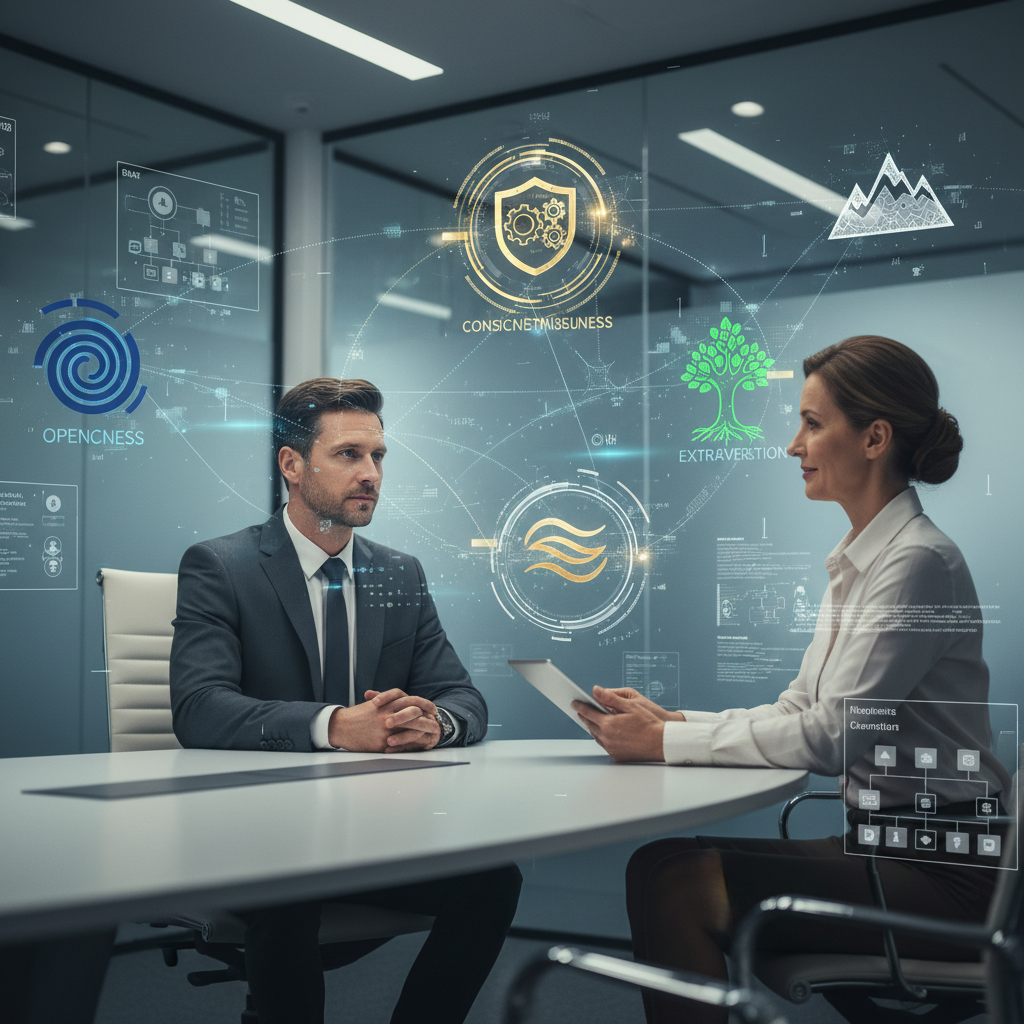 Job interview scene with analytical overlays visualizing the Big Five personality traits in a modern setting